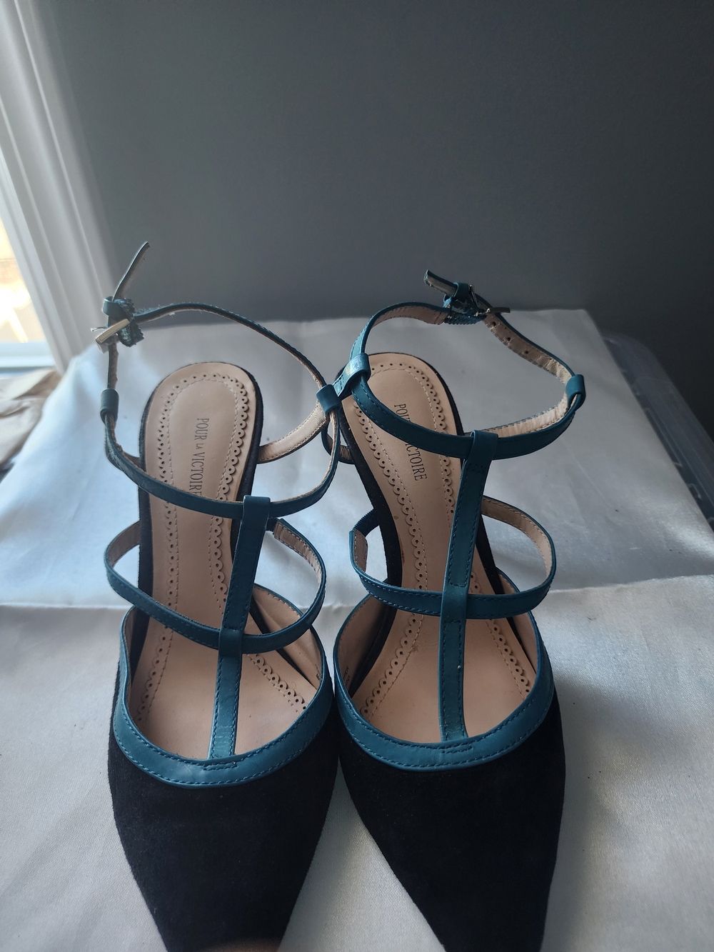 Pour La Victoire Black and Teal Strappy Pointed-Toe Heels
